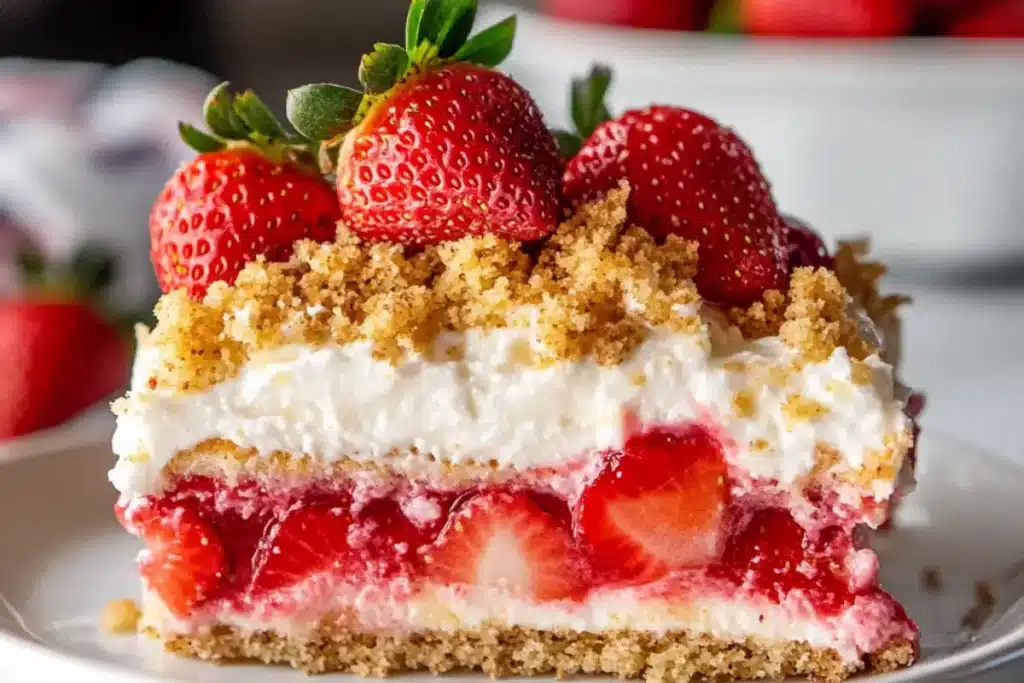 Make a delicious strawberry crunch poke cake with moist layers, fruity Jell-O, and a crunchy topping. Perfect for gatherings and parties.