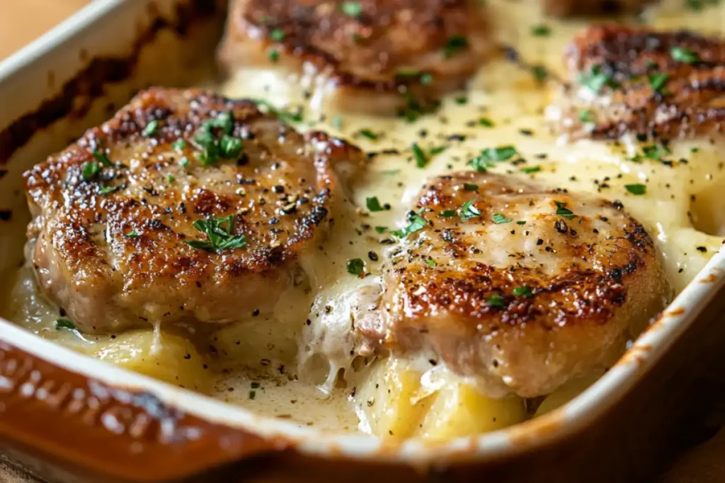 Make a hearty pork chop casserole with tender pork, creamy sauce, and potatoes or rice. Perfect for easy dinners and family meals