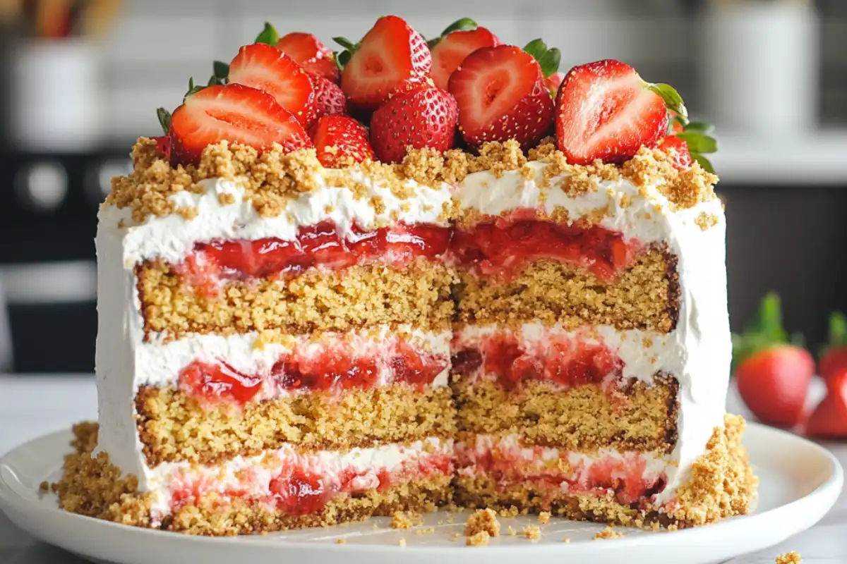 Make a delicious strawberry crunch poke cake with moist layers, fruity Jell-O, and a crunchy topping. Perfect for gatherings and parties