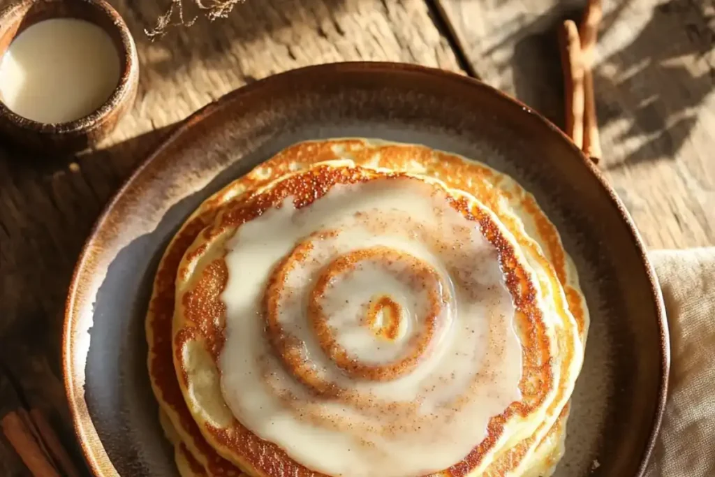 Make fluffy cinnamon roll pancakes with gooey swirls and cream cheese icing using this simple and delicious recipe