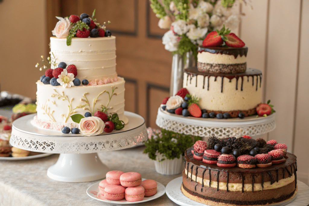 A stunning cake display featuring four different styles: A smooth buttercream cake with elegant floral piping, a rustic naked cake with layers peeking through and decorated with fresh berries and flowers, a sleek fondant-covered cake with intricate detailing, and a trendy drip cake with glossy chocolate ganache cascading down the sides, topped with macarons and fresh fruit. The cakes are beautifully arranged on a dessert table with soft lighting, creating an inviting and celebratory atmosphere