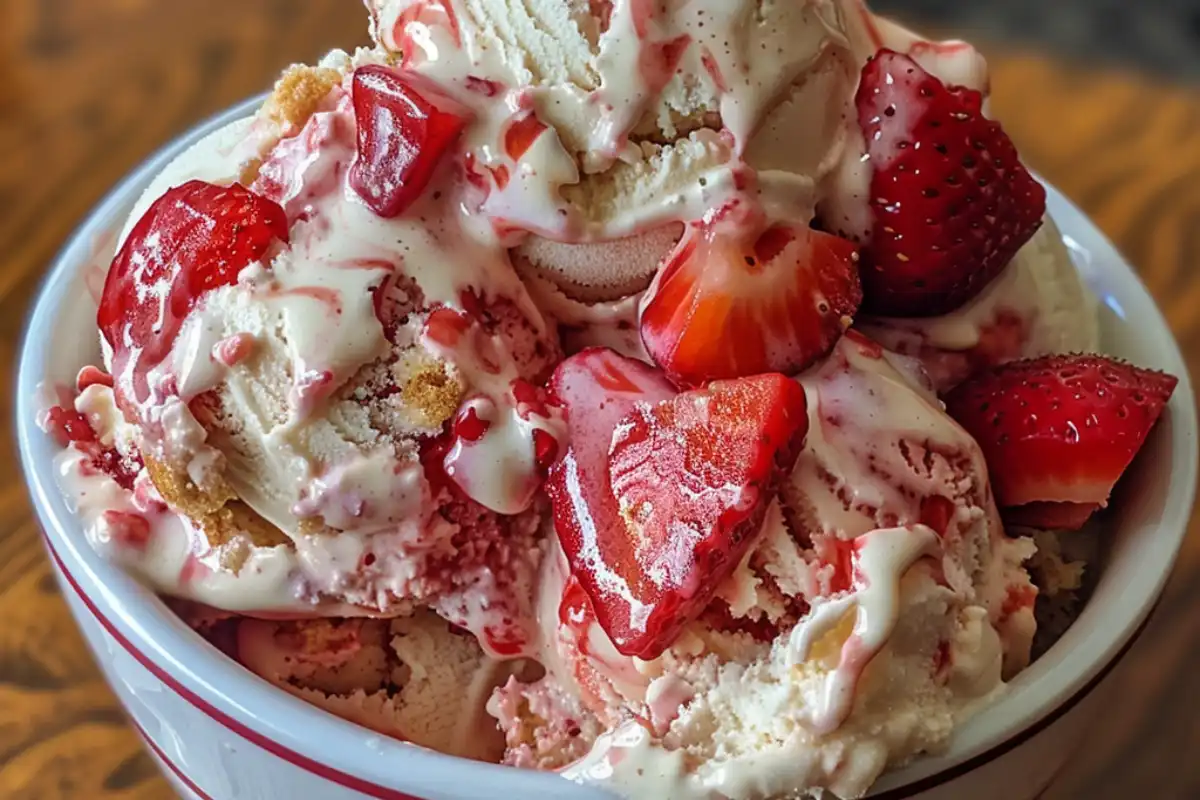 Experience the delicious blend of creamy ice cream, strawberries, and crunchy shortcake crumbles in strawberry shortcake ice cream