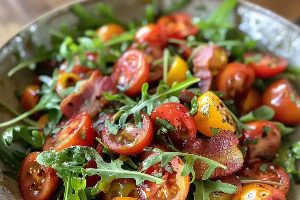 Enjoy a delicious and nutritious tomato salad with arugula and bacon, packed with fresh flavors and perfect for any meal or occasion.