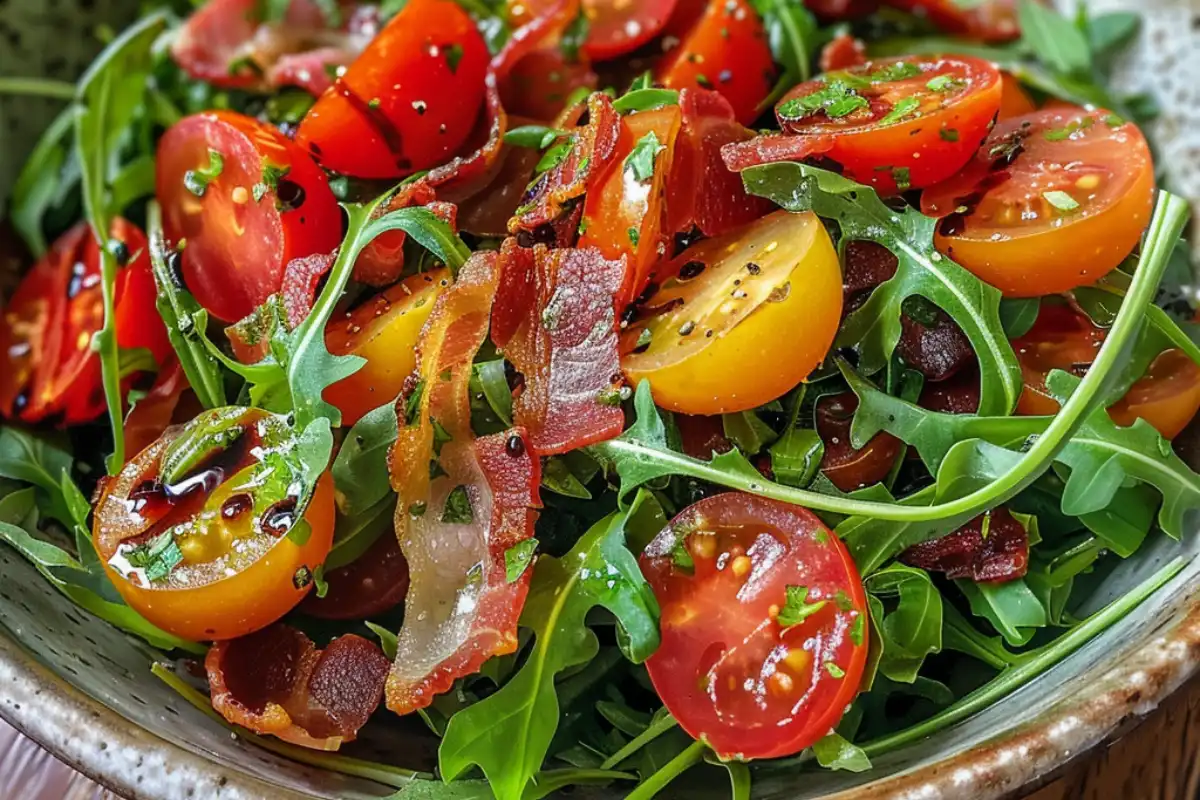 Enjoy a delicious and nutritious tomato salad with arugula and bacon, packed with fresh flavors and perfect for any meal or occasion.