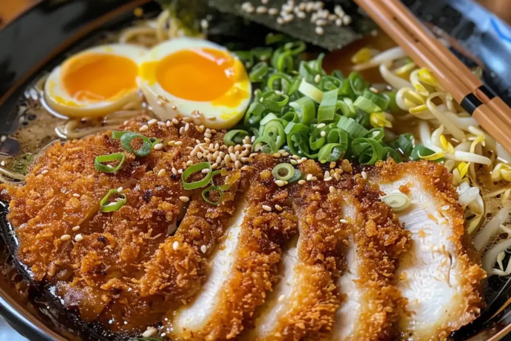 Discover the ingredients and preparation of Katsu Ramen, a savory Japanese dish combining crispy katsu with rich ramen broth and noodles.