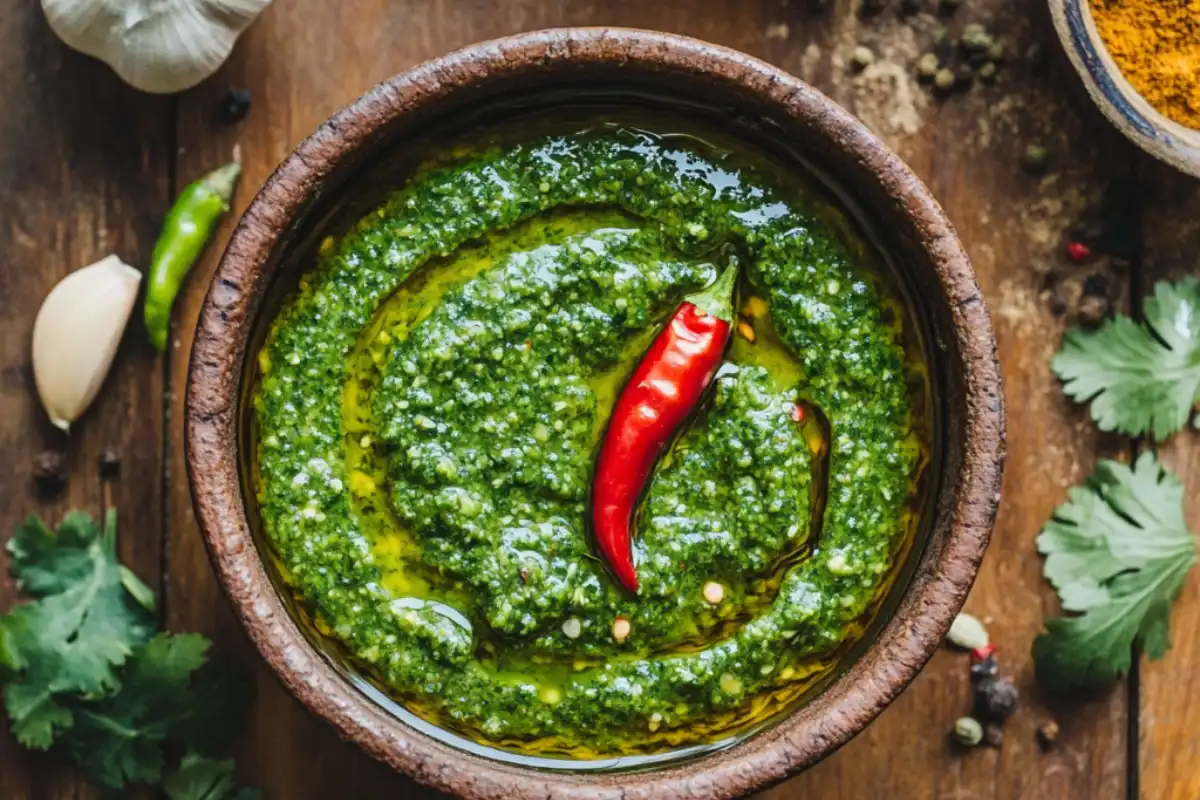 Learn how to make spicy Skhug sauce using fresh herbs and chilies, with tips on storage and customizing the spice level to your taste.