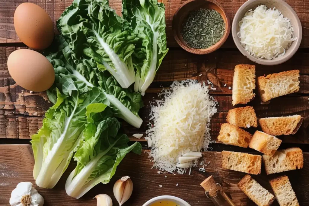 Discover the original Caesar Salad ingredients, including Romaine lettuce, Parmesan, and raw egg yolk, that made this classic recipe famous.