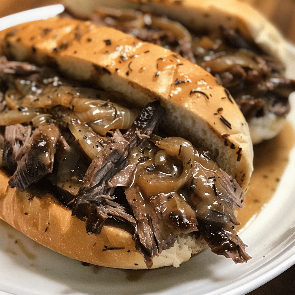 Crockpot French Dip Sandwich is made with tender beef, melted cheese, and au jus. An easy slow cooker classic you’ll crave again and again!