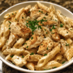Crockpot Garlic Parmesan Chicken Pasta is creamy, rich, and full of flavor. A slow cooker comfort dish the whole family will love!