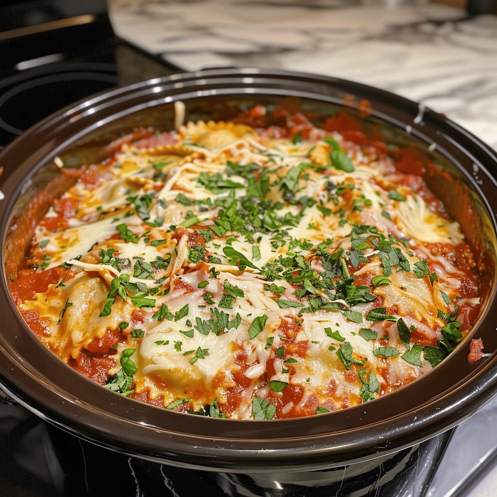 Crockpot Ravioli Lasagna is a quick, cheesy lasagna-style meal using frozen ravioli. Perfect for busy nights—just layer and cook!