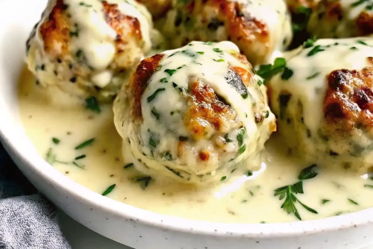 Baked Chicken Ricotta Meatballs with Spinach Alfredo Sauce is a creamy, comforting dish perfect for dinner, meal prep, or pasta night!