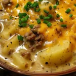 Cheesy Hamburger Potato Soup is a creamy, hearty dinner packed with ground beef, tender potatoes, and gooey cheddar—easy & comforting!
