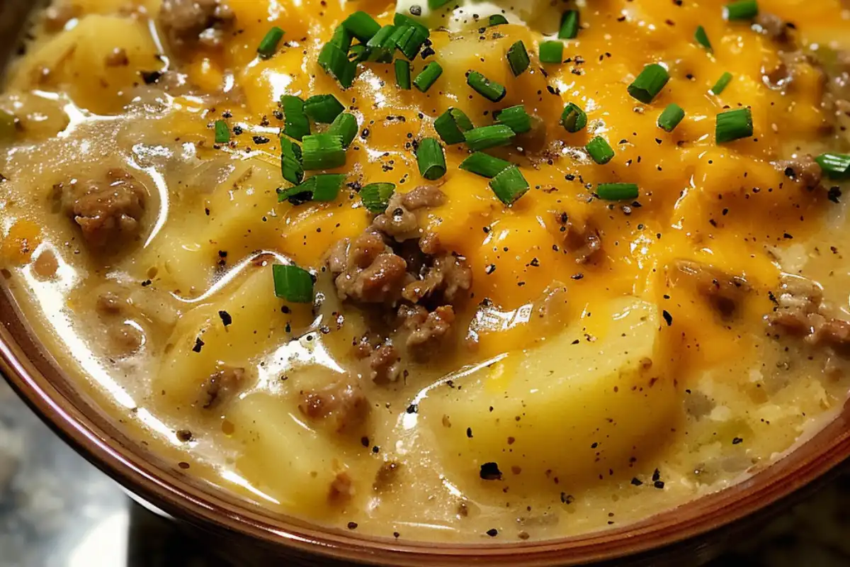 Cheesy Hamburger Potato Soup is a creamy, hearty dinner packed with ground beef, tender potatoes, and gooey cheddar—easy & comforting!