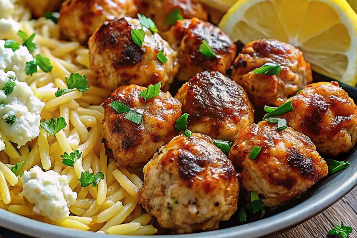 Greek Chicken Meatballs served with lemon orzo make a light, flavorful meal packed with herbs, tangy citrus, and Mediterranean goodness!