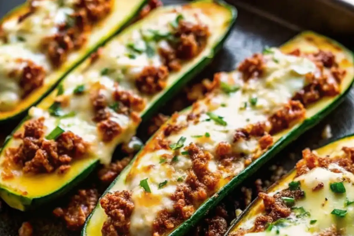 Ground Beef Zucchini Boats are stuffed with seasoned meat, sauce, and cheese for a healthy, low-carb dinner the whole family will love.