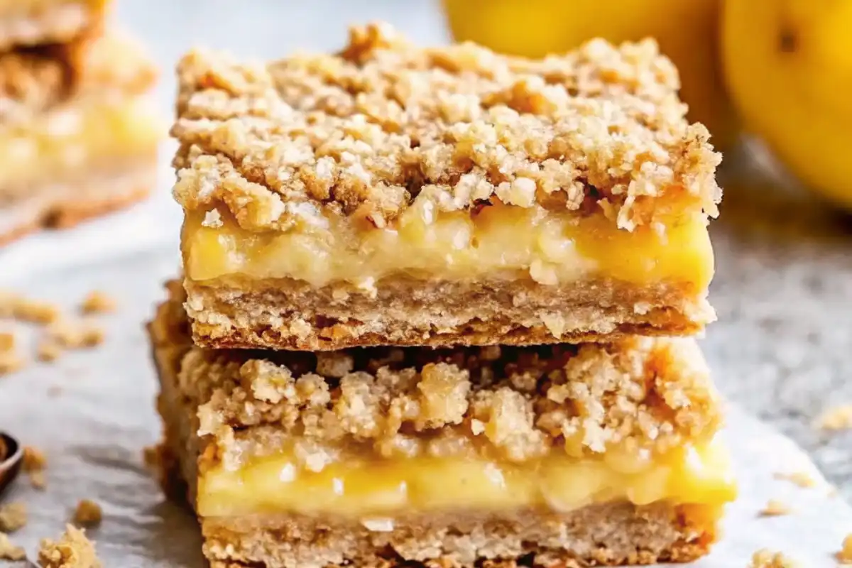 Lemon Oatmeal Crumble Bars feature a tangy lemon curd layer sandwiched between buttery oatmeal crumble—perfect for brunch or afternoon tea!