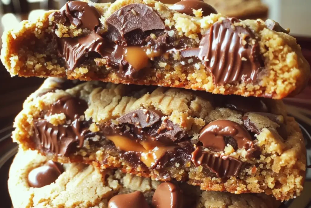Reese's Stuffed Peanut Butter Chocolate Chip Cookies are thick, gooey, and packed with melty chocolate and peanut butter goodness!