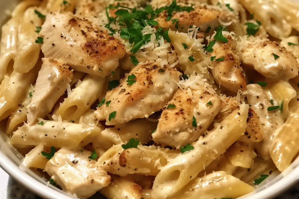 Crockpot Garlic Parmesan Chicken Pasta is creamy, rich, and full of flavor. A slow cooker comfort dish the whole family will love!
