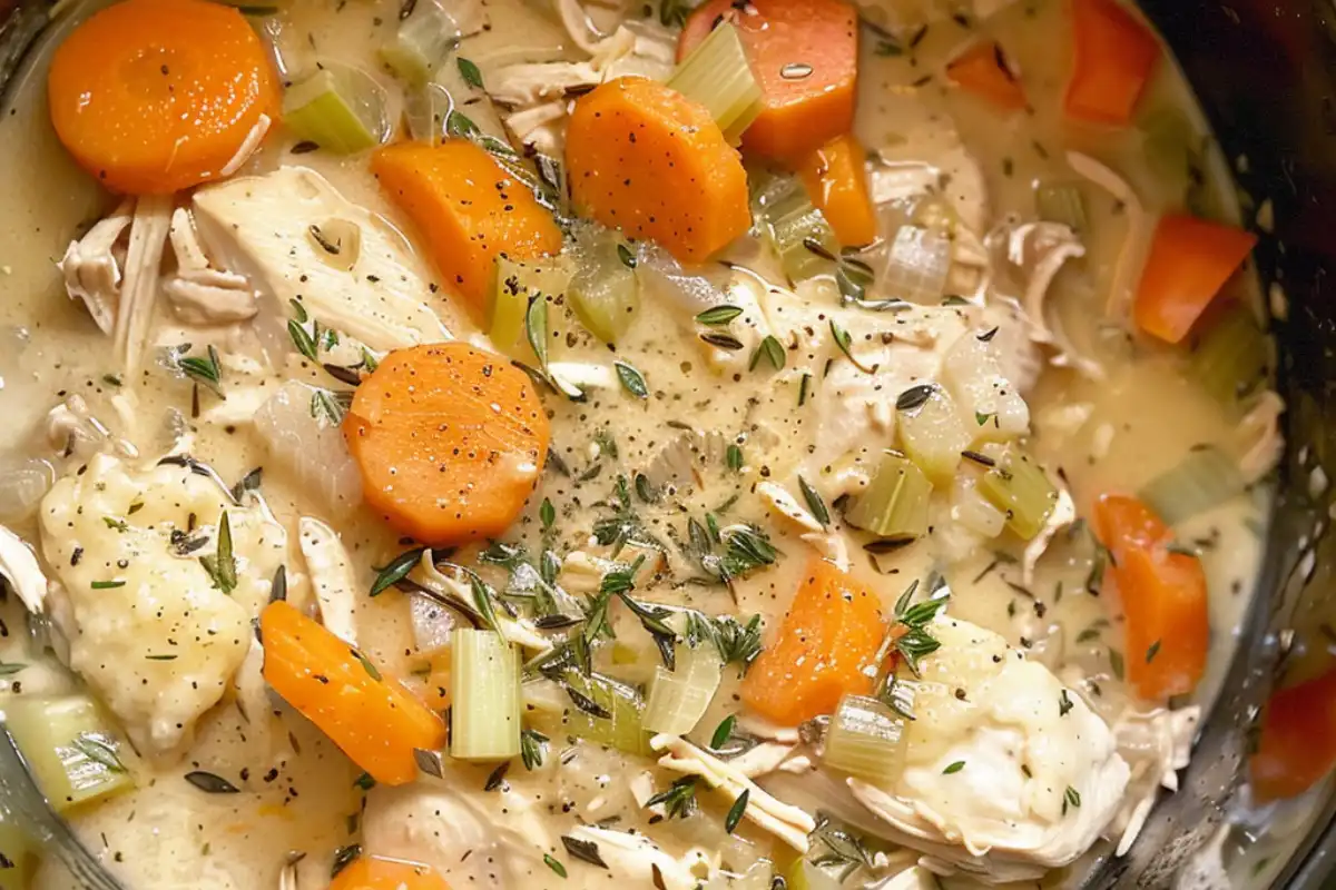 CrockPot Chicken and Dumplings is a creamy, cozy slow cooker meal made with tender chicken, fluffy biscuits, and classic flavors.