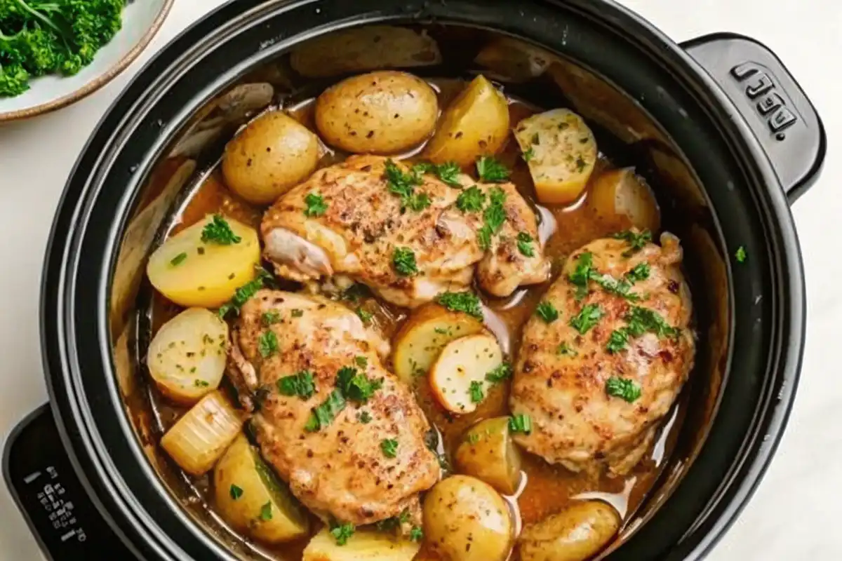 Slow Cooker Parmesan Garlic Chicken and Potatoes is a creamy, cheesy, and hearty meal that's perfect for busy weeknights and family dinners.