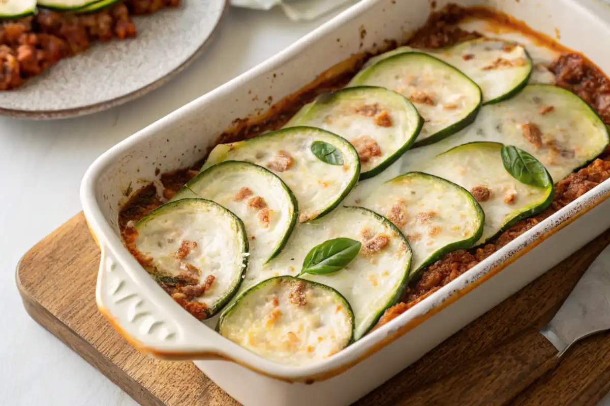 Zucchini Lasagna is a healthy, low-carb take on a classic! Packed with layers of zucchini, meat sauce, and gooey cheese—no noodles needed.