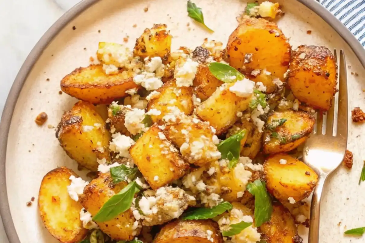 Baked Feta Potatoes are crispy on the outside, creamy inside, and tossed with melted feta for the ultimate savory side dish or appetizer.