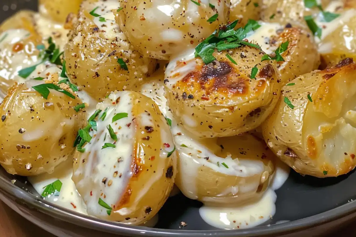Creamy Garlic Sauce Baby Potatoes are soft, buttery, and coated in a rich garlic cream sauce. A perfect, comforting side for any meal!