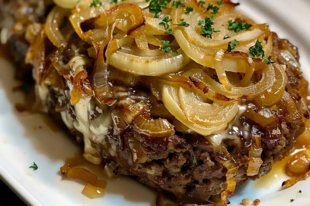 This Crockpot French Onion Meatloaf is juicy, flavorful, and topped with melted Swiss cheese and rich onion gravy—a cozy dinner win!