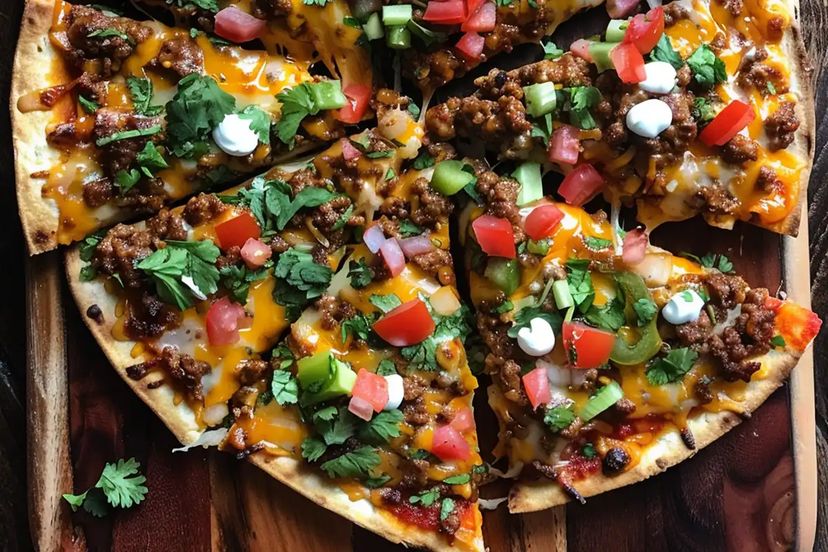 Homemade Mexican Pizza features crispy tortillas, seasoned beef, refried beans, cheese & toppings—a bold, cheesy Tex-Mex classic!