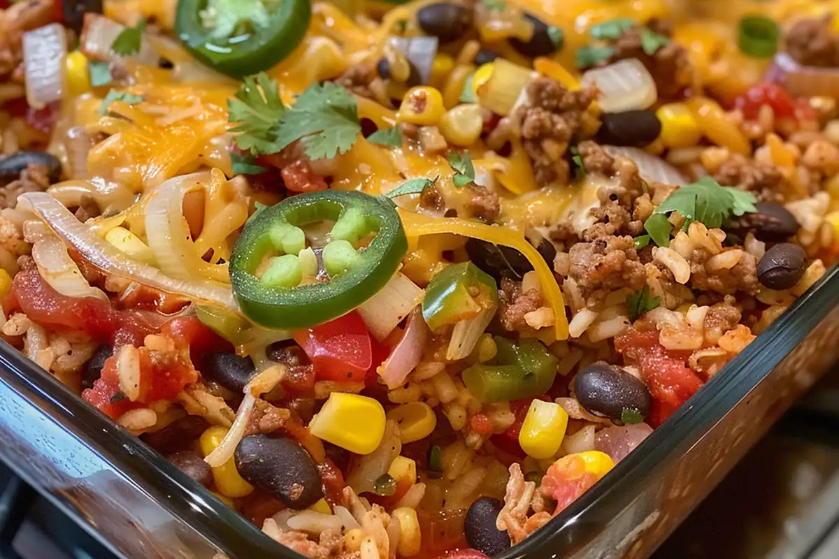 This One-Pan Mexican Rice Casserole is a hearty, cheesy dinner loaded with beef, rice, veggies, and bold Tex-Mex flavor—all in one skillet!