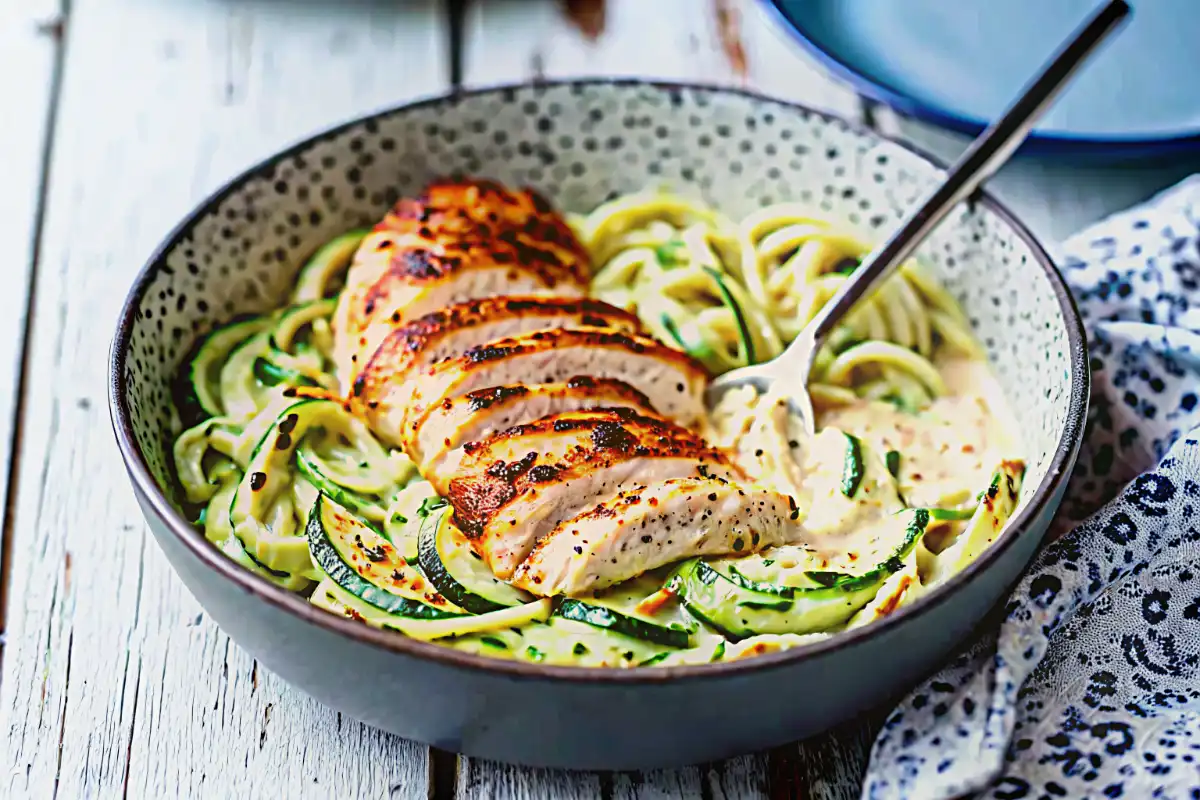 Zucchini Noodle Chicken Alfredo is a creamy, low-carb dinner packed with tender chicken, zoodles, and rich garlic parmesan Alfredo sauce.