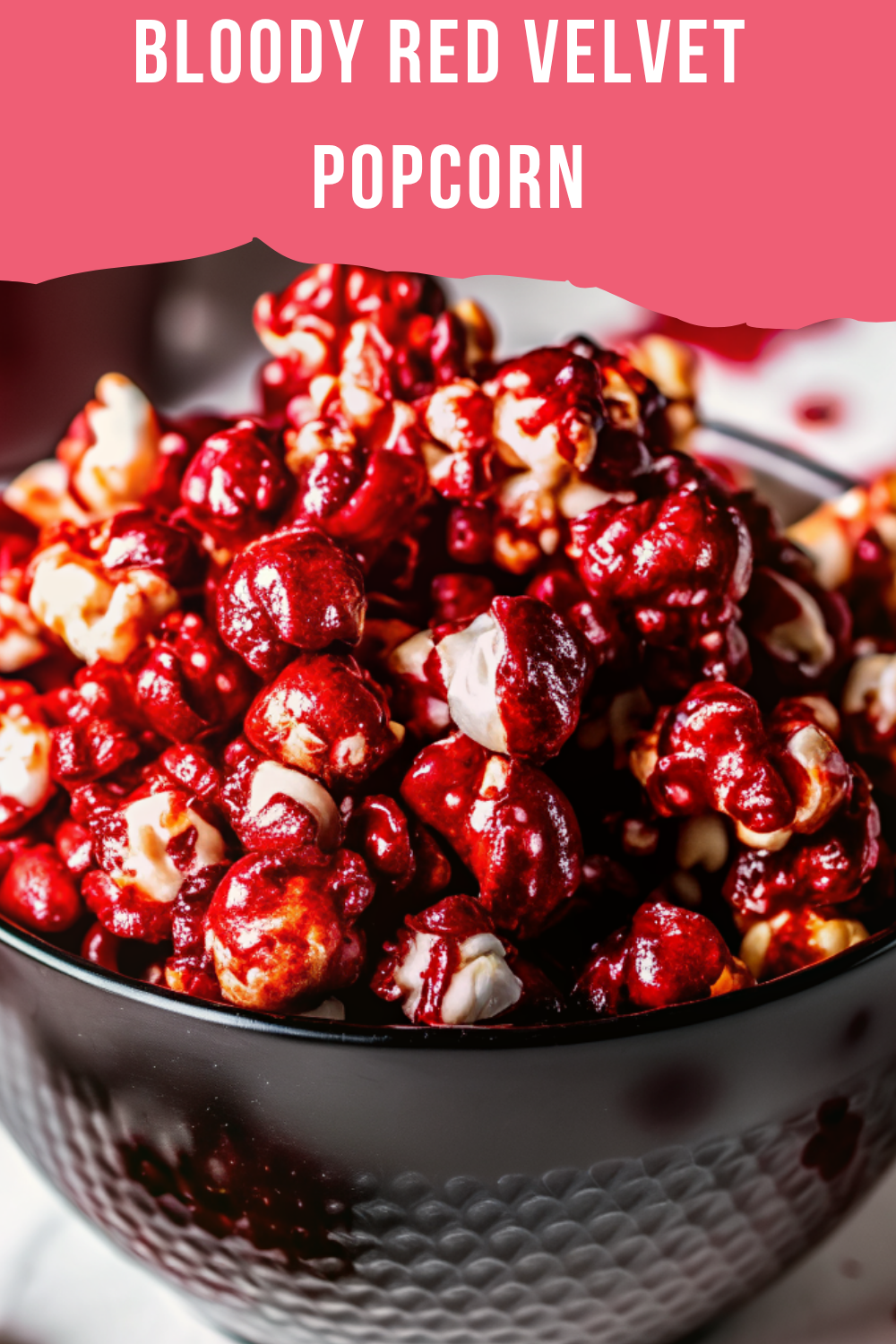 This bloody red velvet popcorn is a spooky-sweet Halloween treat—crunchy, chocolatey, and drizzled with a creepy blood-red topping.