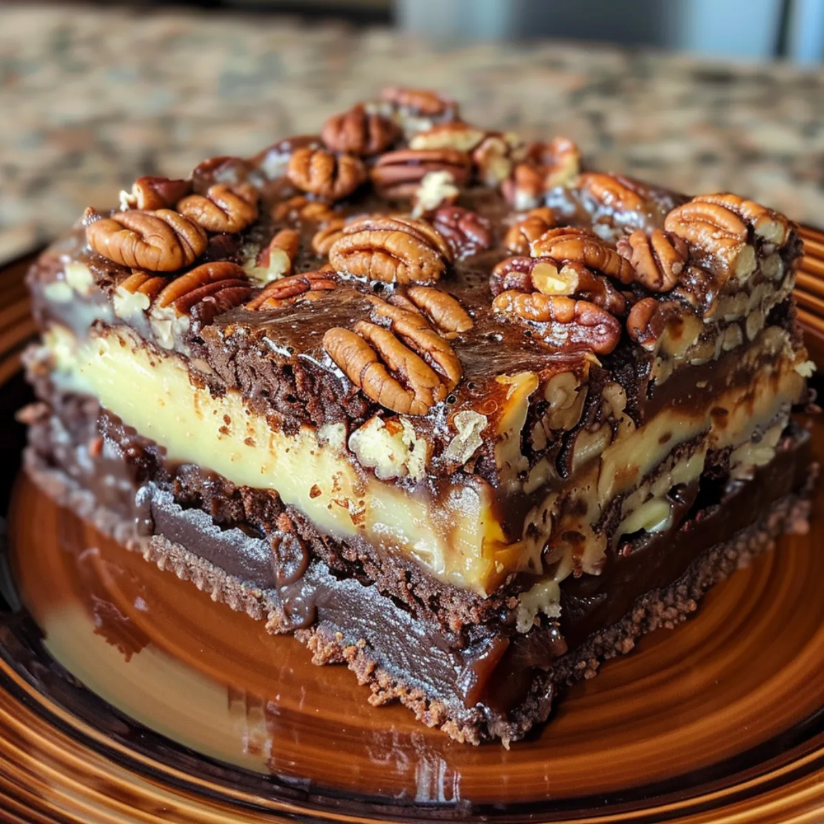 This Brownie Pecan Pie Ooey Gooey Butter Cake is rich, fudgy, and layered with pecans, brownie, and cream cheese topping for the ultimate dessert.