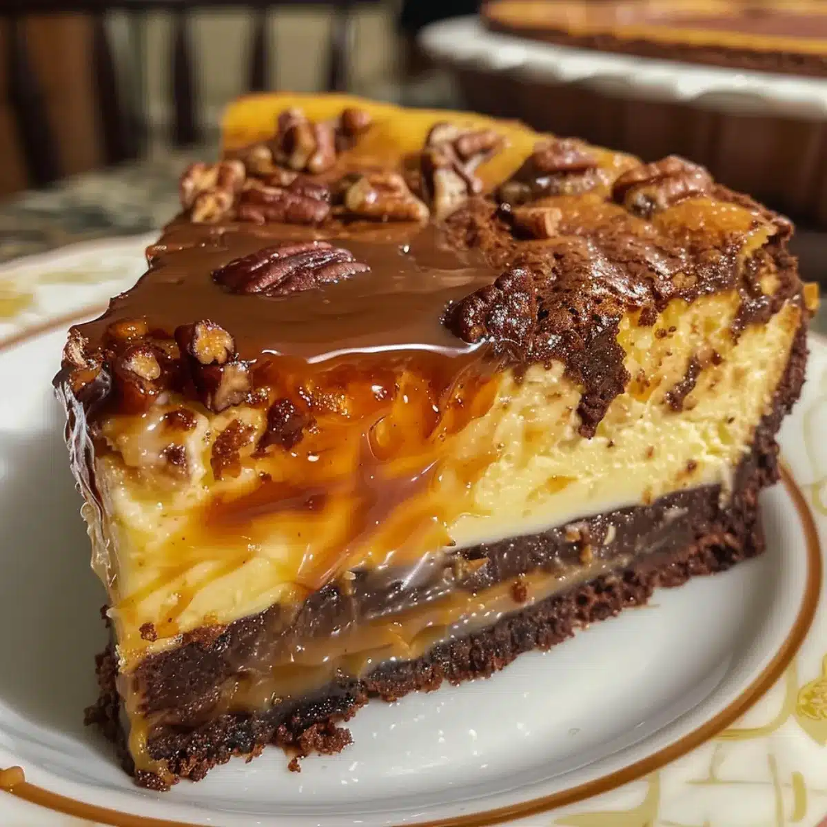 This caramel brownie cheesecake is ultra-decadent, combining fudgy brownie base, creamy cheesecake, and gooey caramel topping.