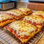 These cheesy pizza pockets are golden, gooey, and fun to make—perfect for quick lunches, snacks, or freezer-friendly meals the whole family loves!