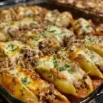 These creamy ricotta beef stuffed shells are cheesy, saucy, and baked to perfection for the ultimate comfort pasta dinner.