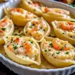 These creamy seafood stuffed shells are rich, cheesy, and baked to perfection—packed with crab, shrimp, and a luscious Alfredo sauce.