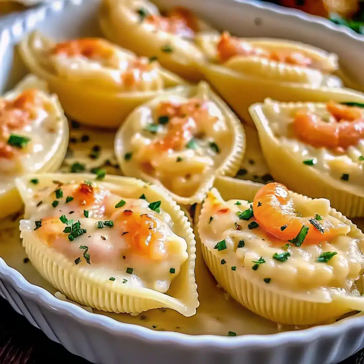 These creamy seafood stuffed shells are rich, cheesy, and baked to perfection—packed with crab, shrimp, and a luscious Alfredo sauce.