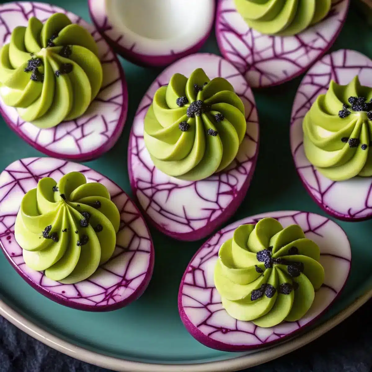 Make these creepy deviled eggs for Halloween! Spooky, colorful, and fun—perfect for parties and haunted gatherings.
