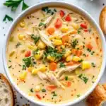 This crockpot chicken corn chowder is creamy, hearty, and loaded with tender chicken, sweet corn, potatoes, and smoky bacon for cozy comfort.