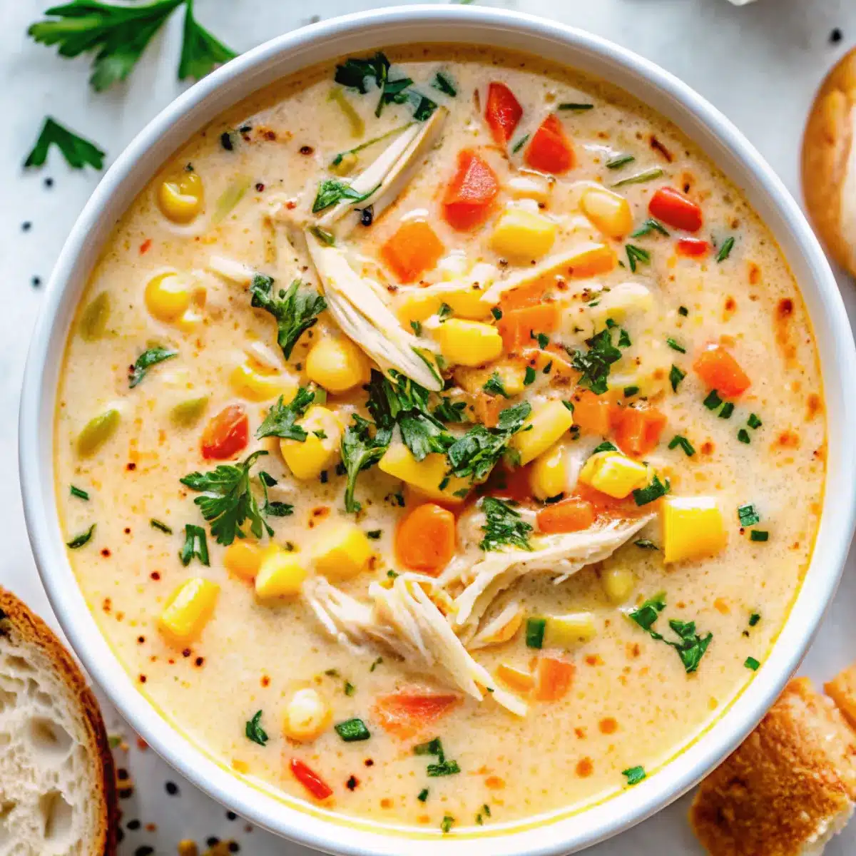 This crockpot chicken corn chowder is creamy, hearty, and loaded with tender chicken, sweet corn, potatoes, and smoky bacon for cozy comfort.