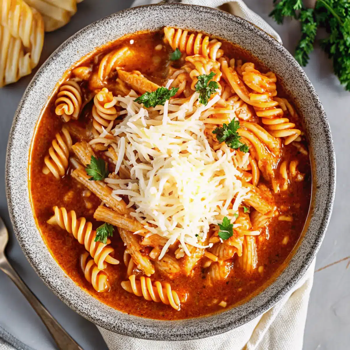 This crockpot chicken parmesan soup is rich, cheesy, and full of Italian flavor—perfect for comforting dinners with garlic bread!