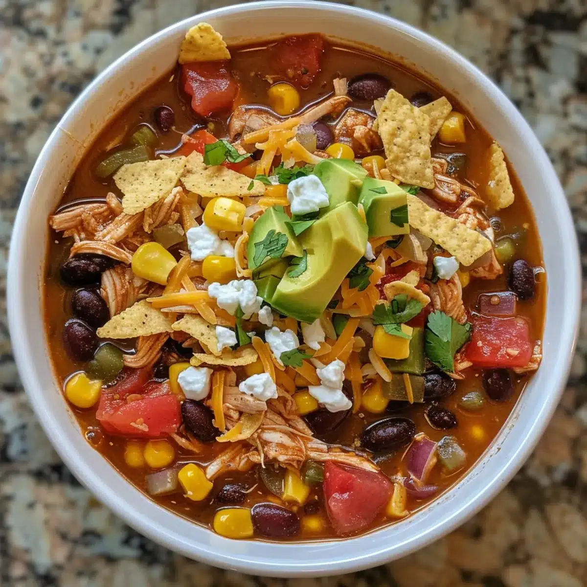 This easy chicken taco soup is bold, hearty, and ready in under 30 minutes! Packed with Tex-Mex flavor, beans, corn, and shredded chicken.