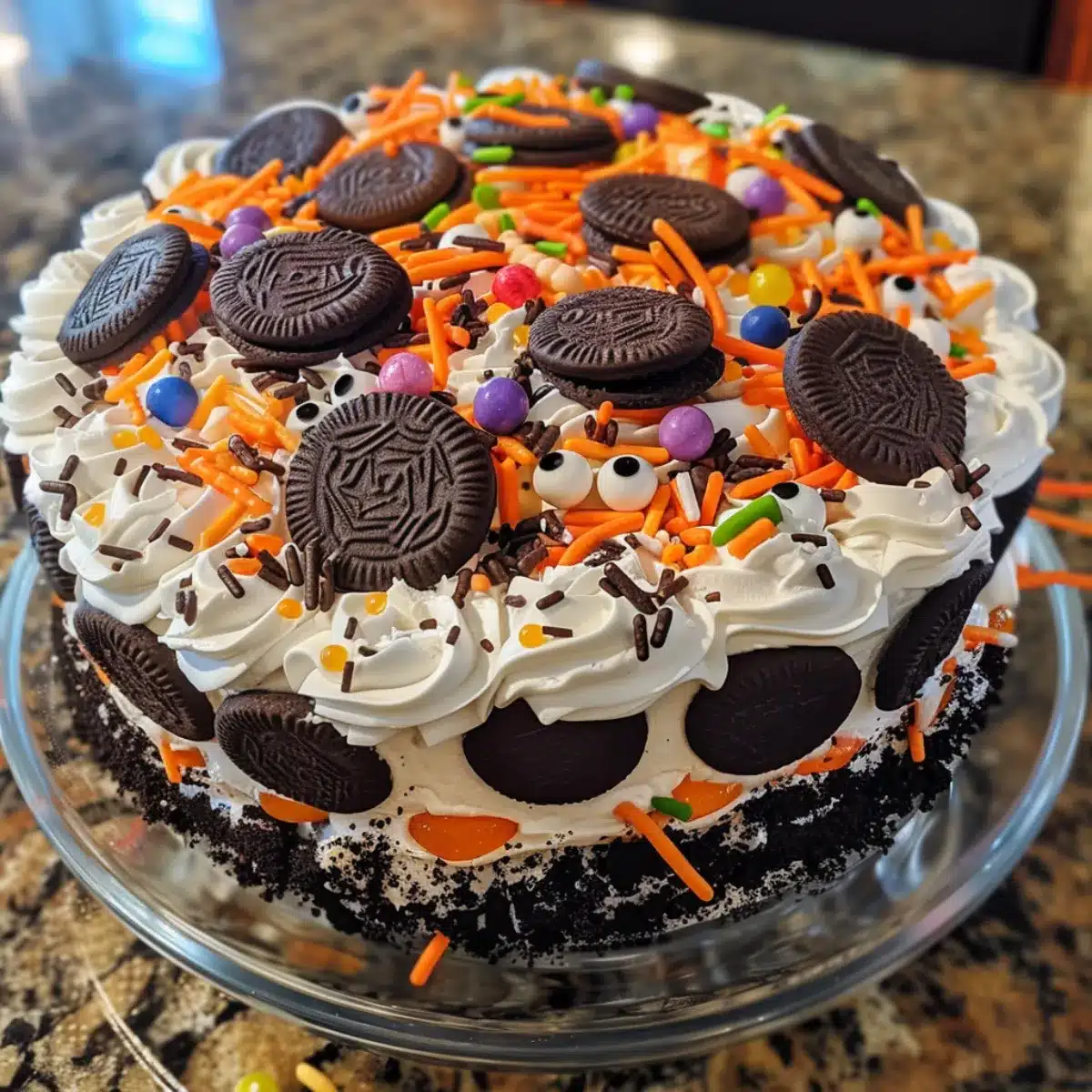 This Halloween round icebox cake is a fun, no-bake dessert layered with cookies, cream, and festive colors—perfect for spooky celebrations.