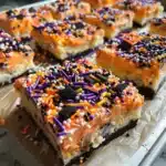 These Halloween sugar cookie bars are soft, chewy, and topped with festive frosting—perfect for spooky parties or trick-or-treat nights!