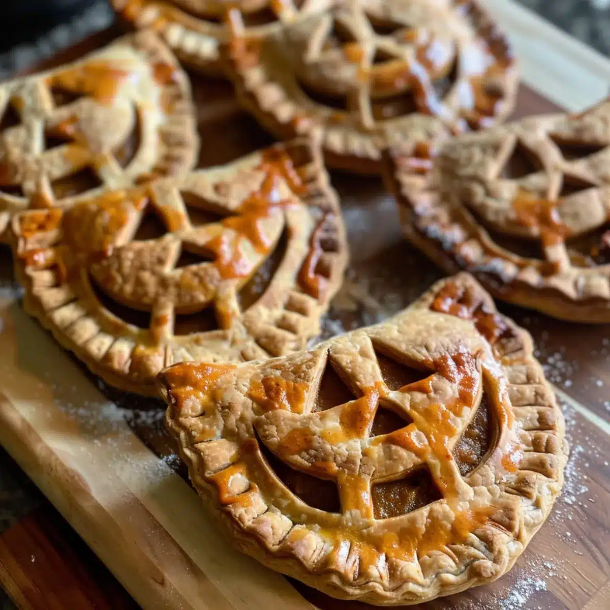 These Jack-O-Lantern Hand Pies are flaky, golden pastries filled with sweet pumpkin or fruit filling, perfect for Halloween parties