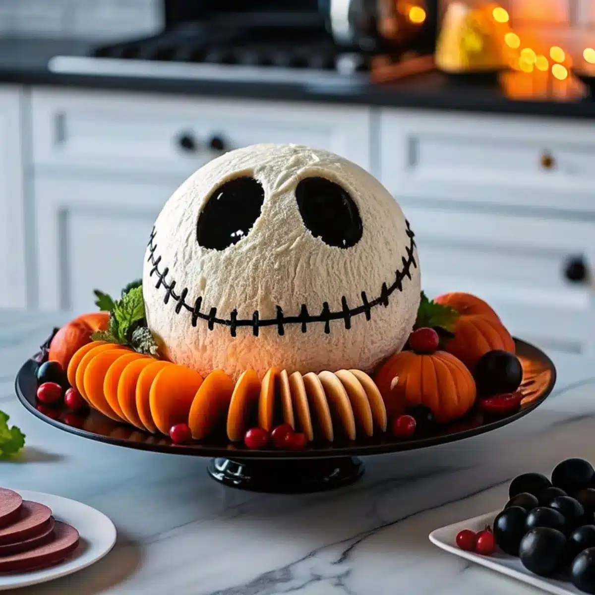 This Skellington Cheese Ball Appetizer is a spooky, creamy, and cheesy Halloween party dip shaped like Jack Skellington—fun and delicious!