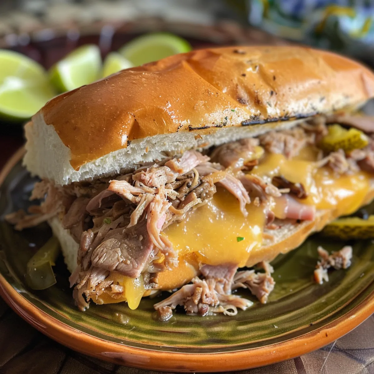 Make this Slow Cooker Cuban Sandwich with tender pulled pork, ham, Swiss cheese, and pickles pressed in buttery bread for the ultimate comfort food!