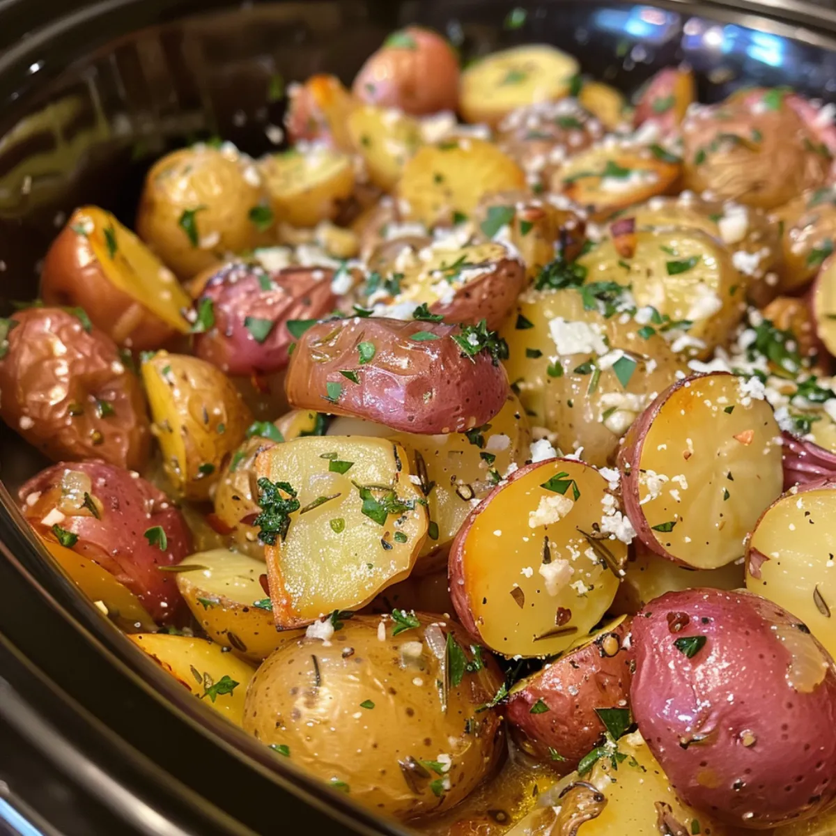 Make tender, buttery Slow Cooker Potatoes with herbs, garlic, and cheese. A simple side dish perfect for family dinners or holidays.
