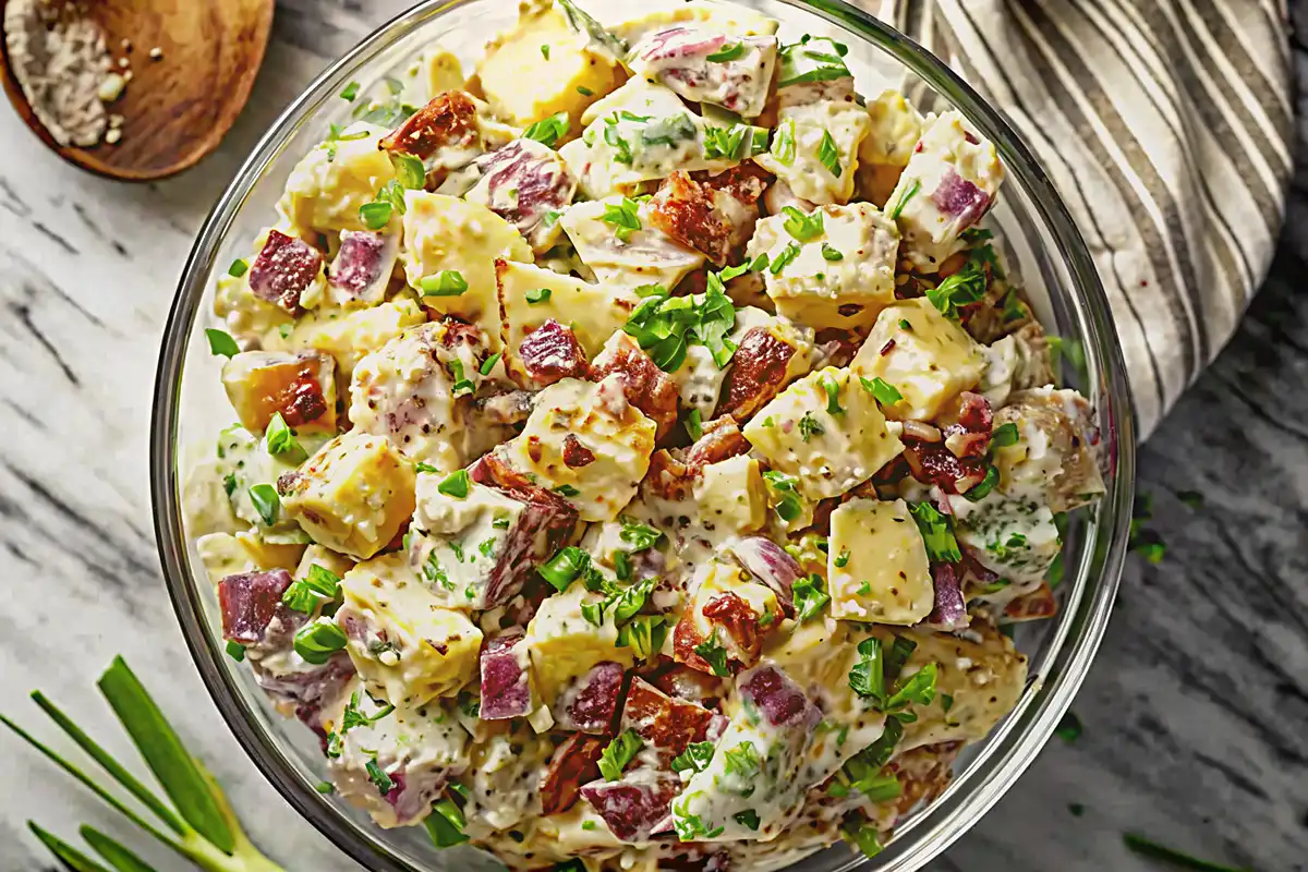 Creamy steakhouse potato salad with bacon, eggs, and chives—just like your favorite steakhouse side, perfect for BBQs and cookouts!